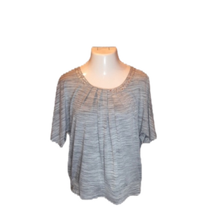 𝅺SAG HARBOR NWT! “Stretch” Gray Stripe  Top w/ Silver Neckline Bling Size L